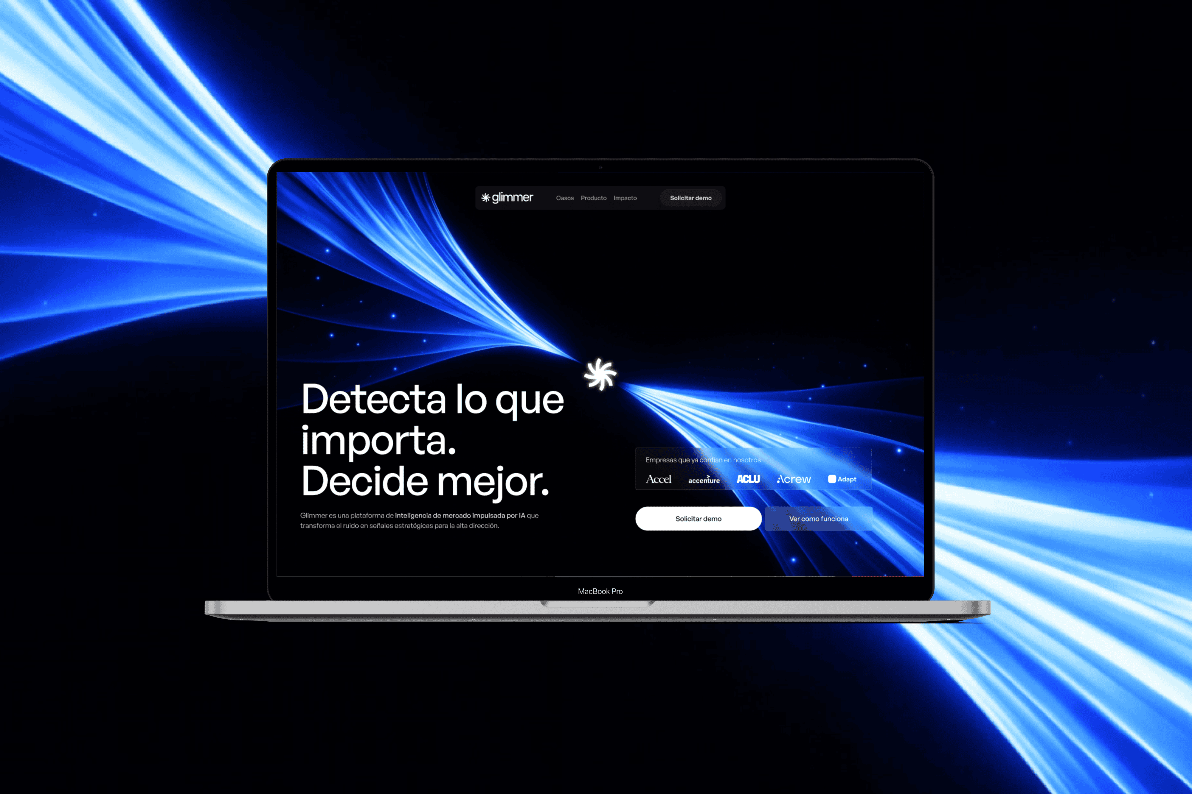 Glimmer website displayed on a desktop monitor